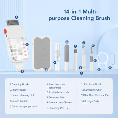 14 in 1 Earphone Cleaner Kit, Multi-Purpose Phone Cleaning Kit, Charging Port Cleaner, for Laptop Computer Earbud Headphone iPhone Earphone Keyboard Camera Speaker Screen - color: white-14