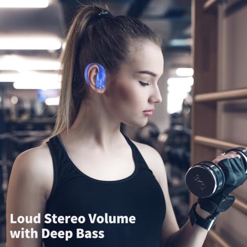 Wireless Earbuds with Ear Hooks 96H Playtime for iPhone Android | LED Display Deep Bass Stereo Sound Built in Mic Sweat Resistant Design Low Latency Mode for Sports Gaming - color: Blue