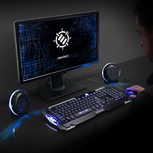 ENHANCE SL2 USB Classroom Speakers — 2.0 Stereo Sound System, 3.5mm Input, in-Line Volume Control, Compact for Desks, Laptops & Chromebooks — Perfect for School Labs & Classrooms (Blue LEDs)