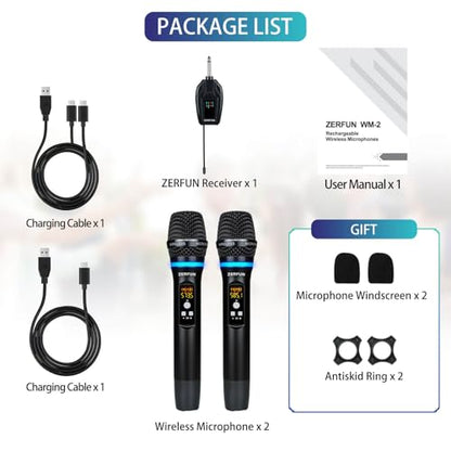 Dual Wireless Microphones Rechargeable, UHF Metal Wireless Mic System Cordless Microphone Professional with Channel Control for Karaoke Singing Church Events - style: WM-2 B