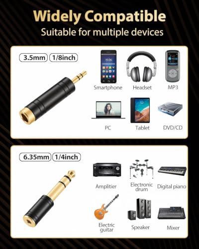 1/8"(3.5mm) Male to 1/4"(6.35mm) Female Headphone Adapter | 1/4"(6.35mm) Male to 1/8"(3.5mm) Female Audio Jack Converter, Gold-Plated for Amp, Digital Piano & Guitar, Mixer, Aux, Drums - color: Black Kit