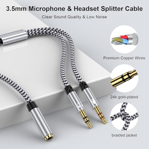 Headphone Splitter Cable for Computer,Braided 3.5mm Mic Cable Female to 2 Dual Male Headset Microphone Y Splitter Cable Mic Audio Stereo Jack Adapter to PC Laptop/Gaming Speaker - color: White