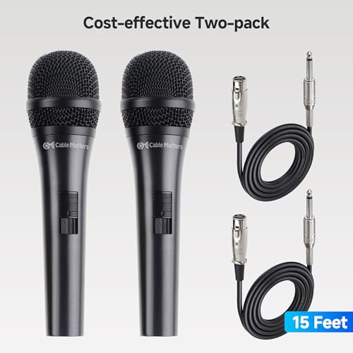 Cable Matters 2-Pack Cardioid Dynamic Vocal Microphones with 15ft Cable | 6.35mm Wired Microphone, for Singing and Karaoke, Compatible with Singing Machine