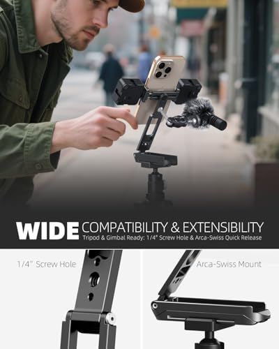 All Metal Foldable Pocket Phone Tripod Stand & Selfie Stick, Mini Travel Vlogging Tripod with 360° Rotation Phone Holder, Dual Cold Shoe, 1/4" Screw & Arca-Swiss, Fits iPhone & Android