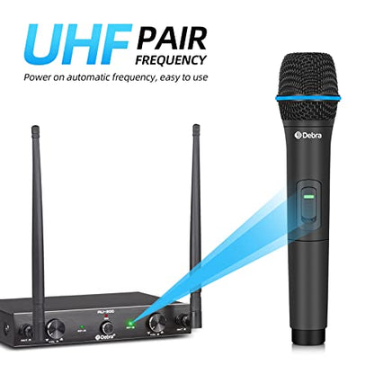 D Debra Audio AU200 Pro UHF 2 Channel Wireless Microphone System with Cordless Handheld Lavalier Headset Mics, Metal Receiver, for Karaoke Church Party (1 Handheld & 1 Bodypack) - style: 1 Handheld & 1 Bodypack