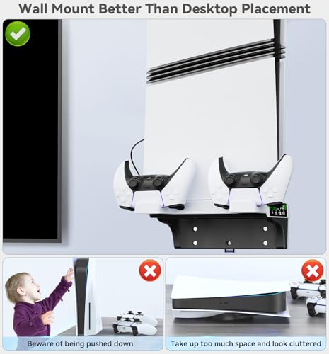PS5 Wall Mount Kit with Cooling Fan & Controller Charging Station, PS5 Floating Shelf for PS5/Slim/Pro Disc & Digital Console, Mountable Behind PC Monitor for PS5 Accessories, Sega Genesis Consoles