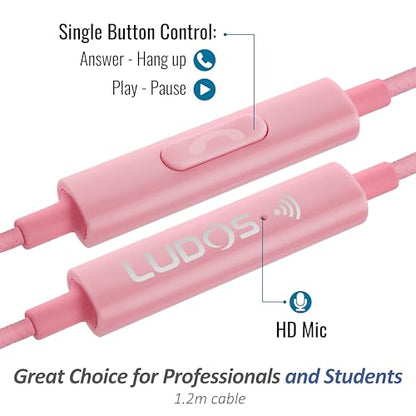 LUDOS Clamor Wired Earbuds in-Ear Headphones, 5 Years Warranty, Earphones with Microphone, Noise Isolating Ear Buds, Memory Foam for iPhone, Samsung, School Students, Kids, Women, Small Ears - Pink - color: Pink, style: 3.5 mm