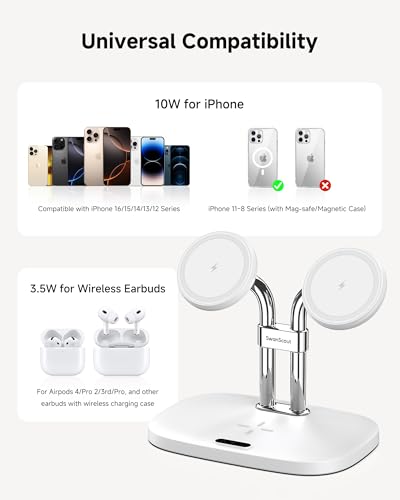 Dual Wireless Charger for iPhone 17, SwanScout 706M, White | Dual Magnetic Charger for iPhone Air/16/15/14/13/12 Series, Charging Station for AirPods Pro 3/2, AirPods 4/3 - color: White