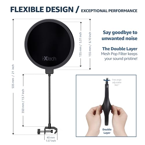 Pop Filter for Mic Microphone, Blue Yeti Mic Pop Filter Dual Layered Wind Pop Screen with a Flexible 360 Degree Gooseneck Clip Stabilizing.