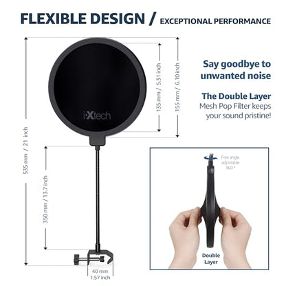 Pop Filter for Mic Microphone, Blue Yeti Mic Pop Filter Dual Layered Wind Pop Screen with a Flexible 360 Degree Gooseneck Clip Stabilizing.