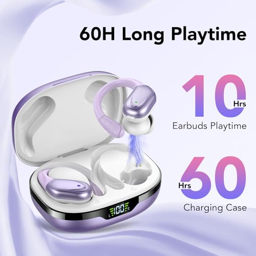 Ear buds Wireless Earbuds Bluetooth 5.3 Headphones 60hrs Playtime with Digital Display Sports Wireless Headphones with Earhook Deep Bass IPX7 Waterproof Over-Ear Earbuds for Android iOS Workout Purple - color: Purple
