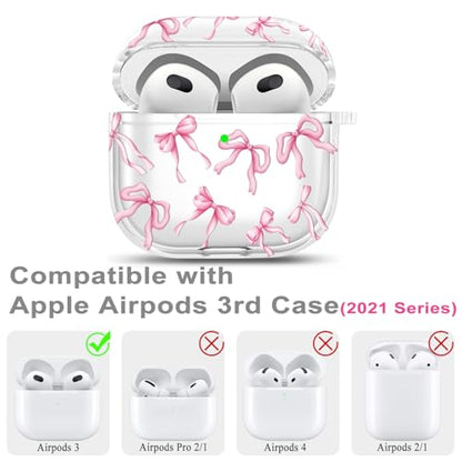 Clear Case Compatible with Airpods 3 Case Cover, Wonjury Protective Floral Case Cover with Keychain Compatible with Airpods 3 Generation (2021 Released), Front LED Visible,Pin Bow - color: Clear Pink Bow