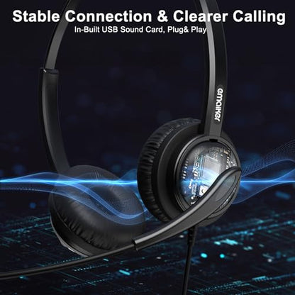 Professional USB Headset with Noise Cancelling Microphone - USB-A Computer Headphones for PC, Laptop, Office & Call Center | Compatible with Dragon Dictation, Webinars, Zoom, Teams