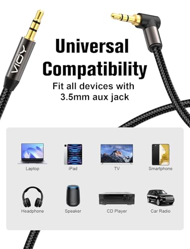VIOY Aux Cord 2 Pack 6FT,3.5mm Male to Male Right Angle Stereo Audio Cable | 90 degree plug for narrow gaps, Hi-Fi lossless sound, nylon braided 3.5 mm TRS cable for car stereo, headphones and speakers - size: 6.6FT+6.6FT