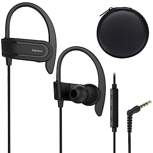 Joysico Wired Over Ear Earbuds Headphones with Mic and Volume Control Black | Wrap Around Ear Hook Secure Fit, 6 Sizes Tips, Earphone Case, Sport Running Workout Sweatproof, For Cellphones Laptop Tablets