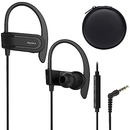 Joysico Wired Over Ear Earbuds Headphones with Mic and Volume Control Black | Wrap Around Ear Hook Secure Fit, 6 Sizes Tips, Earphone Case, Sport Running Workout Sweatproof, For Cellphones Laptop Tablets