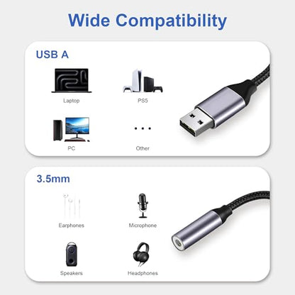 2 Pack USB to 3.5mm Jack Audio Adapter, External Sound Card, Mic-Supported USB to Aux Adapter Compatible with Headset, Laptop, PC, Linux, PS4, PS5 and More Devices