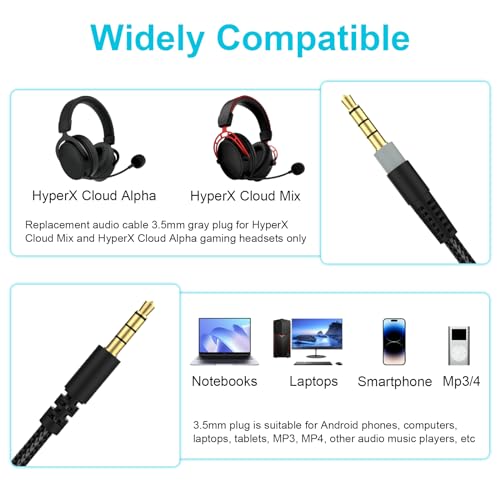 Replacement Cloud Alpha Cable Audio Cord with Mute & Volume Controls Compatible with Kingston Cloud Alpha and Cloud Mix Gaming Headset (Black)