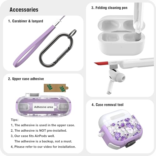 WENEW Case for AirPods 4th Case Cover Secure Lock Automatic Snap Switch Clip Cleaner Kit Lanyard Women Stylish Flower Armour Hard Shell Full Body Front LED Visible (Purple Flower, AirPods 4th) - color: Purple flower, size: AirPods 4