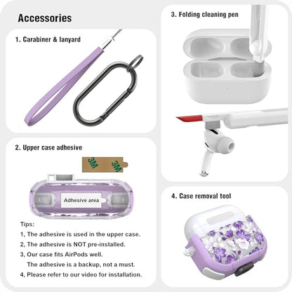 WENEW Case for AirPods 4th Case Cover Secure Lock Automatic Snap Switch Clip Cleaner Kit Lanyard Women Stylish Flower Armour Hard Shell Full Body Front LED Visible (Purple Flower, AirPods 4th) - color: Purple flower, size: AirPods 4