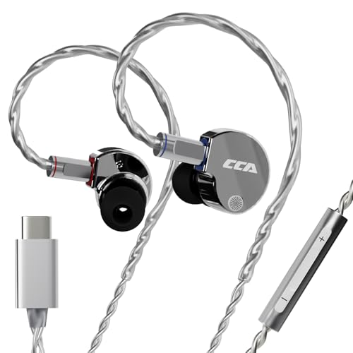 CCA Phoenix in-Ear Monitor Headphones – Dual-Magnet Dynamic Driver IEM with HiFi Clear Sound & Deep Bass, Full-Metal Professional Gaming Earbuds for Musicians, Singers, and Audiophiles(USB C Plug) - color: Silver, style: With Mic,USB-C