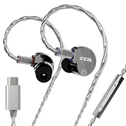 CCA Phoenix in-Ear Monitor Headphones – Dual-Magnet Dynamic Driver IEM with HiFi Clear Sound & Deep Bass, Full-Metal Professional Gaming Earbuds for Musicians, Singers, and Audiophiles(USB C Plug) - color: Silver, style: With Mic,USB-C