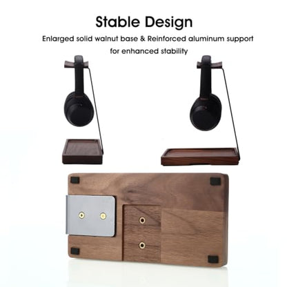 Walnut Headphone Stand, Wood Headset Holder with Storage for Desk - color: Grey