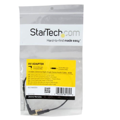 StarTech 1ft Slim 3.5mm Audio Cable, Right Angle, Male to Male (MU1MMSRA) | Aux Cable - size: 1 ft, style: 1 x Angled Connector