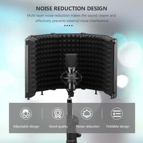 Cabilock Portable Folding Microphone Isolation Shield with Three Panels Combination and Adjustable Angle, Black Mic Windproof Sound Absorber Panel for Studio and Personal Recording