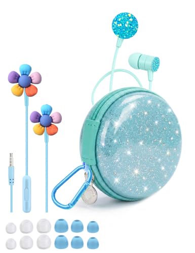 2-Pack Teens Wired Earbuds with Glitter Skyblue Case, School Headphones | GOGOSINIS 2-pack Wired Student Earbuds with Glitter Skyblue case, 3.5mm Headphones,Mini Carabiner Clip for School Backpacks - color: Diamond Blue