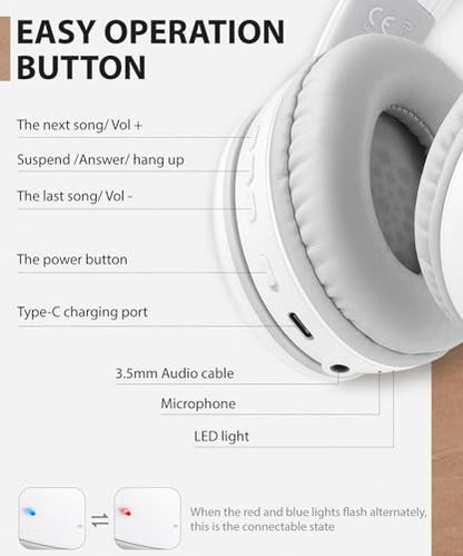 rockpapa E9 Over Ear Bluetooth Headphones for Kids Children Boy Girl Adult, Stereo Foldable Wired/Wireless Headphones with Microphone for School Travel Tablet PC TV, Include Case, White Grey - color: White Grey, style: with Case