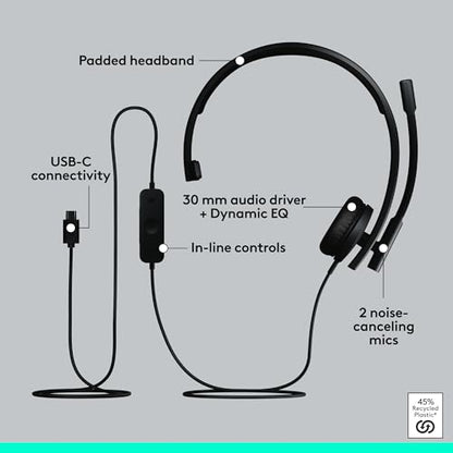 Logitech H570e USB Headset with Microphone, PC and Mac - Black | PC and Mac compatible, wired USB-C, inline controls, certified for Microsoft Teams - size: Teams, style: Mono