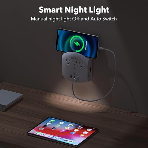BN-LINK 3-Outlet Extender, Multi Plug Outlets with 3 USB Ports (3.4A Total), Dusk-to-Dawn Sensor Night Light, Surge Protector with Top Phone Holder, for Traveling, Home, School, Office - size: 3 Outlets - Night Light (USB)