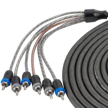 NVX® XIV65 16.4 ft (5 Meter) Oxygen Free Copper 5/6-Channel Twisted Pair V-Series Car Audio RCA Audio Interconnect Cable with Shielded Noise Reduction and Split-tip Silver-Plated Ends | Oxygen Free Copper Twisted Pair V-Series with Shielded Noise Reductio