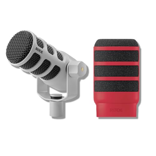 Rode PodMic (White) Cardioid Dynamic Broadcast Microphone with WS14 PodMic Pop Filter - Red
