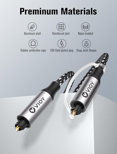 VIOY Optical Audio Cable 10 FT, TOSLINK Digital S/PDIF Fiber Optic Cord | Nylon braided, gold-plated Toslink plug with dust cap, supports 5.1/7.1 surround sound for TV, soundbar, and game console - size: 10FT