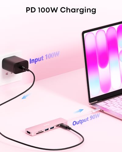 7-in-1 USB C Hub with 4K@60Hz HDMI, 2 USB-A, 1 USB-C, 100W PD Charging, SD 3.0 /TF 3.0 Card Reader, Compatible with MacBook Pro/Air/Neo, iPad Pro, iMac, iPhone 15-17 (Blush) - color: Blush