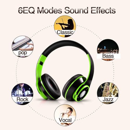 Bluetooth Headphones Over Ear, Wireless Headphones with 5 EQ Modes, 20 Hours Playtime Foldable HiFi Stereo Headset with Microphone, FM/TF for Cellphone/PC/Work/Travel/Kids/Adults/Gift (Green) - color: Green