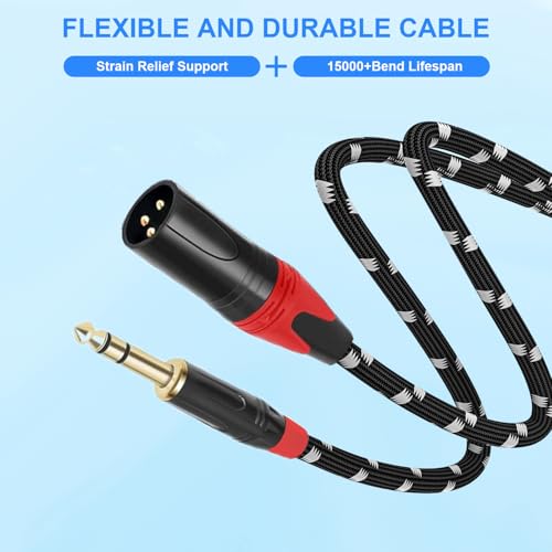 XLR Male to 1/4 (6.35mm) TRS Mono Jack Microphone Cable, 6.6 FT, 2 Pack, Black and White Grid Protective Layer, Balanced 3 Pin to Quarter inch TRS Plug, Pure Copper and Plated Conductors - size: 6.6 FT 2 Pack, style: B/W 6.35 to XLR male