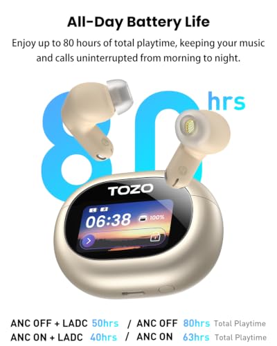 TOZO NC20 Pro Active Noise Cancelling Wireless Earbuds, Smart LCD Screen | LDAC Hi-Res Audio, Stereo Bass, 6 Mics AI Call Ear Buds, 80H Playtime, IPX8 Waterproof, 32 EQ via App, Wireless Charging - color: Titanium Gold