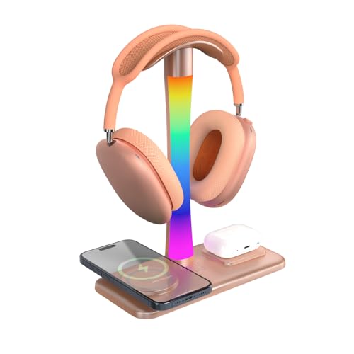 Headphone Stand with Wireless Charger,Gaming Headset stand with RGB Light Mode,For Airpod Max Stand Compatible with Airpod Pro/3/2,For iPhone 17/16/15/14/13/12/11,Gifts for Gamers & Music Lover (Gold) - color: Gold