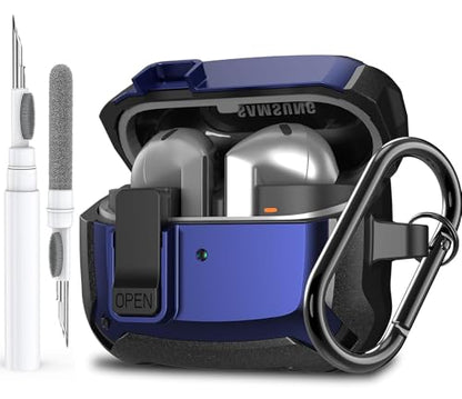 Galaxy Buds 3 Pro/3/3 FE Case Cover with Secure Lock Clip, Shockproof Samsung Galaxy Buds3/3 Pro 2024/3 FE 2025 Protective Hard Cover Shell with Carabiner&Cleaner kit for Men Womenn, Black/Blue - color: Black/Blue
