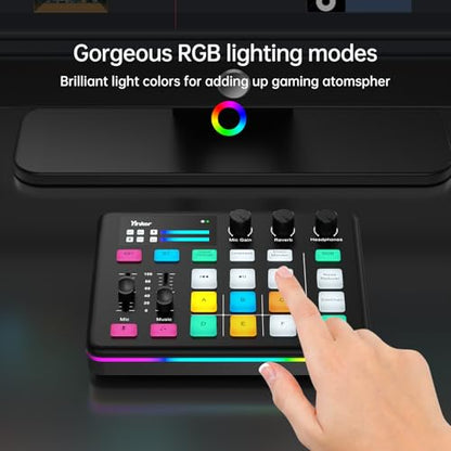 Gaming Audio Mixer, RGB Soundboard with Voice Changer & 6 Sound Pads, 48V Phantom Power, Bluetooth 5.0, USB-C Audio Interface for Live Streaming, Podcasting, Recording on PC/PS5/Phone