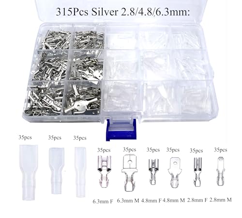 630 Pcs 2.8/4.8/6.3mm Speaker Wire Connectors with Insulating Sleeve, Quick Splice Male and Female Spade Terminal Assortment Kit for Electrical Wiring, Silver and Gold Each 315Pcs