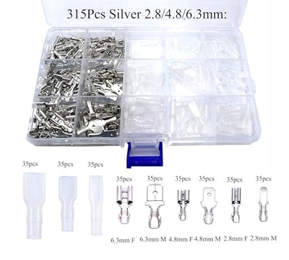 630 Pcs 2.8/4.8/6.3mm Speaker Wire Connectors with Insulating Sleeve, Quick Splice Male and Female Spade Terminal Assortment Kit for Electrical Wiring, Silver and Gold Each 315Pcs