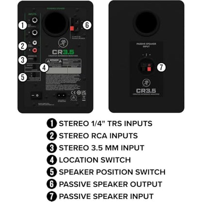 Mackie CR3.5 Creative Reference Powered 3.5" Studio Monitors Pair Black Bundle with Hosa Stereo 1/4" Male Phone to 1/4" Male Phone TRS Cable 10, Auray IP-S Isolation Pad for Studio Monitor (2-Pack)