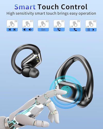 Wireless Earbuds Bluetooth 5.4 Headphones Sport, ENC Noise Canceling Mic | 2026 Bluetooth Earbuds, 50H Stereo Wireless Headphones IP7 Waterproof with Earhooks for Workout/Running Dual LED Display - color: Black Pro