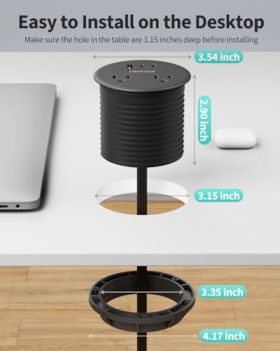 Desk Grommet, Dual-Sided Recessed Power Strip, 4 Outlets 3 USB (2 USB-C) | Flush mount desktop charging station, essential workspace desk outlet. 6.5FT flat plug extension cord, home office, black