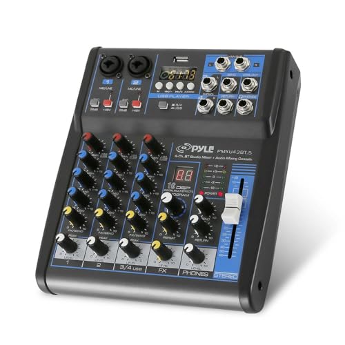 Pyle Professional Audio Mixer Sound Board Console System Interface 4 Channel Digital USB Bluetooth MP3 Computer Input 48V Phantom Power Stereo DJ Studio Streaming FX 16-Bit DSP Processor - PMXU43BT.5 - size: 4