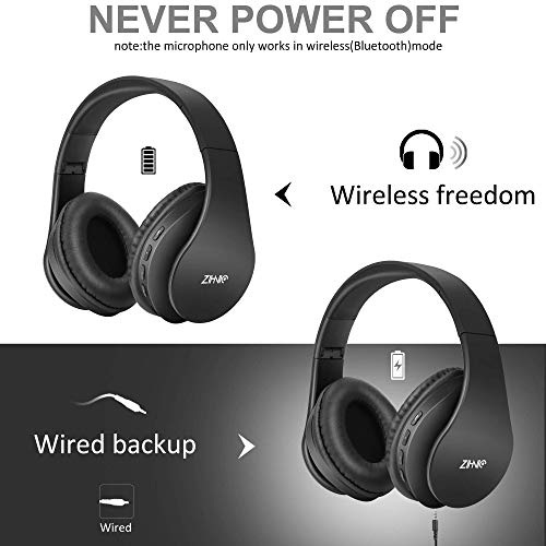 ZIHNIC Bluetooth Headphones Over-Ear, Foldable Wireless and Wired Stereo Headset Micro SD/TF, FM for Cell Phone,PC,Soft Earmuffs &Light Weight for Prolonged Wearing (Black) - color: Black